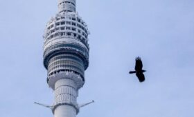 Останкинская телебашня в Москве покрылась льдом